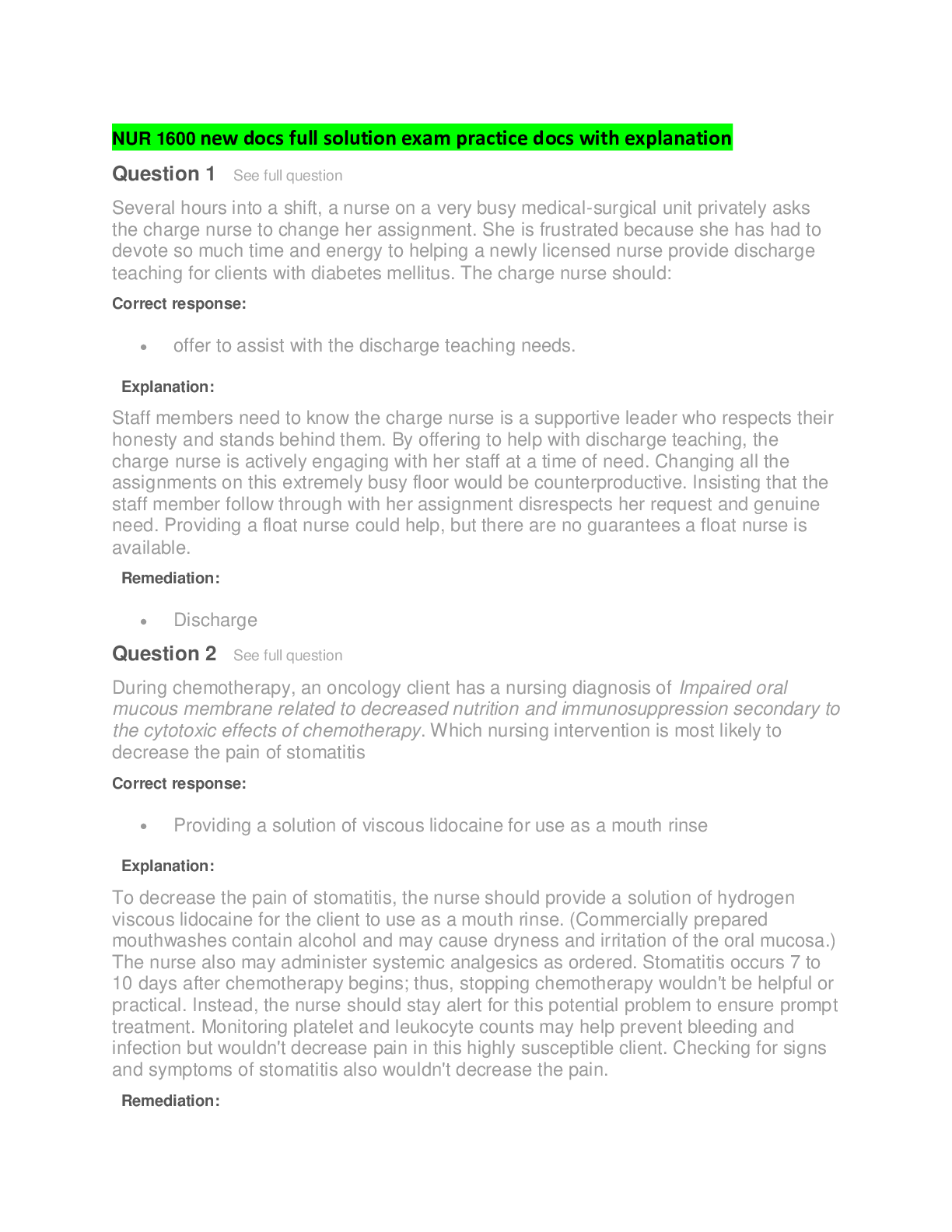 Preview of NUR 1600 new docs full solution exam practice docs with explanation